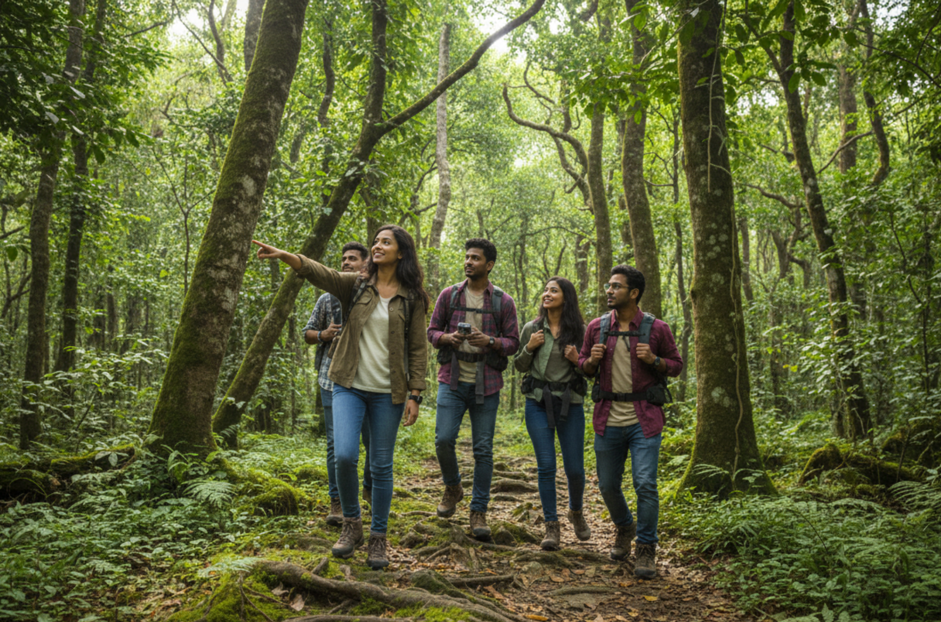 Group of young travelers trekking through a lush green forest with a guide