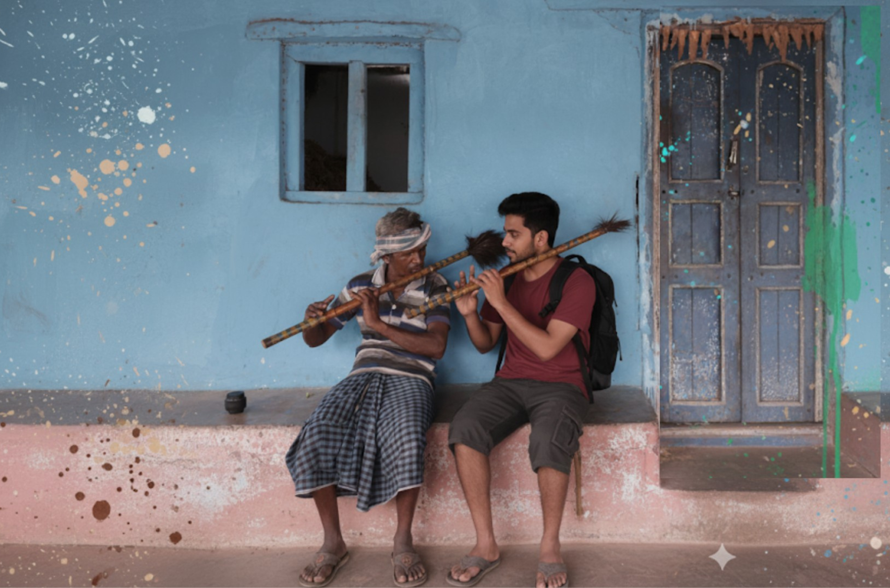 Local villager teaching a young traveler to play bamboo flute outside a traditional rural home