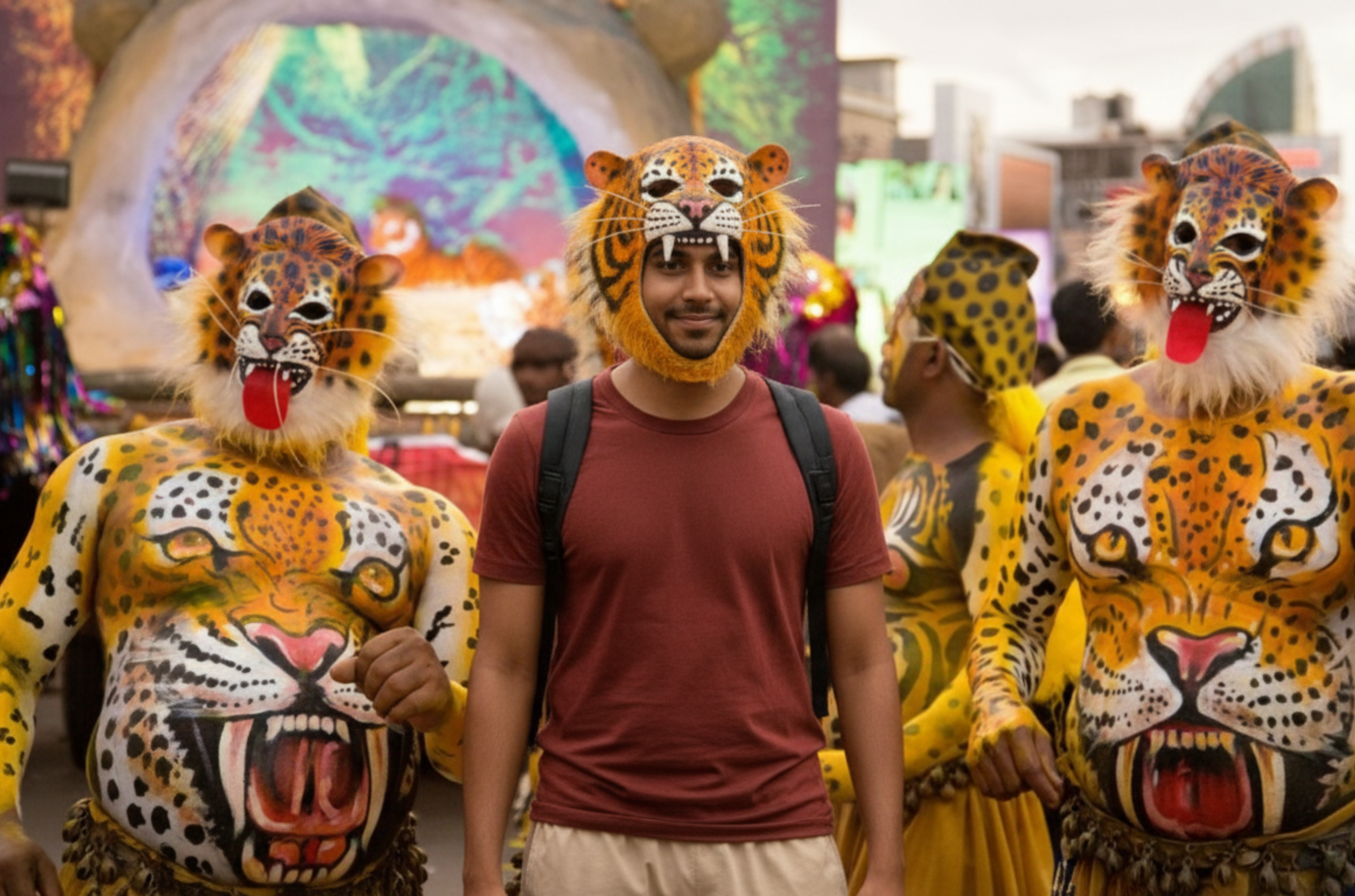 Traveler enjoying a traditional Indian tiger dance festival with performers in painted costumes